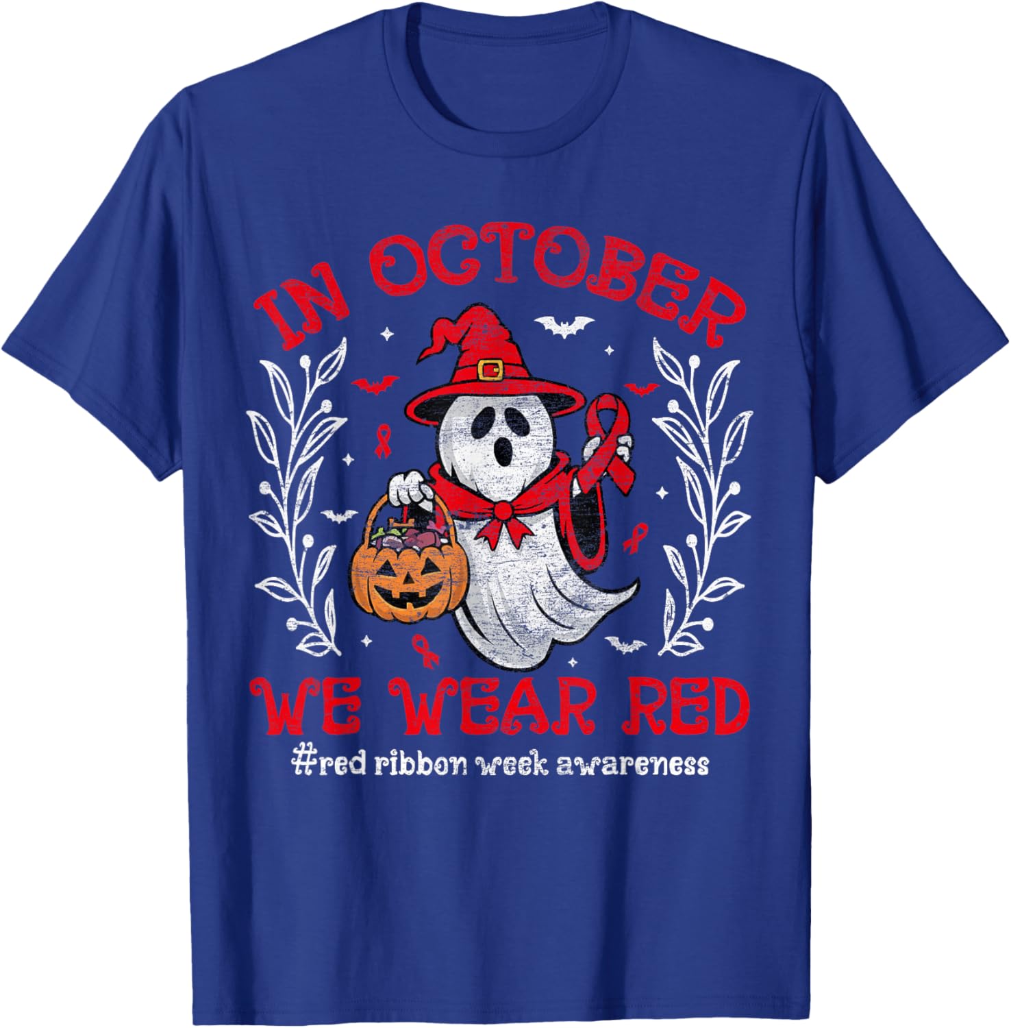In October We Wear Red For Red Ribbon Week Awareness Ghost T-Shirt - T-Shirt | Royal