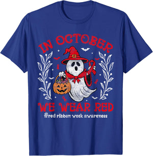 In October We Wear Red For Red Ribbon Week Awareness Ghost T-Shirt - T-Shirt | Royal