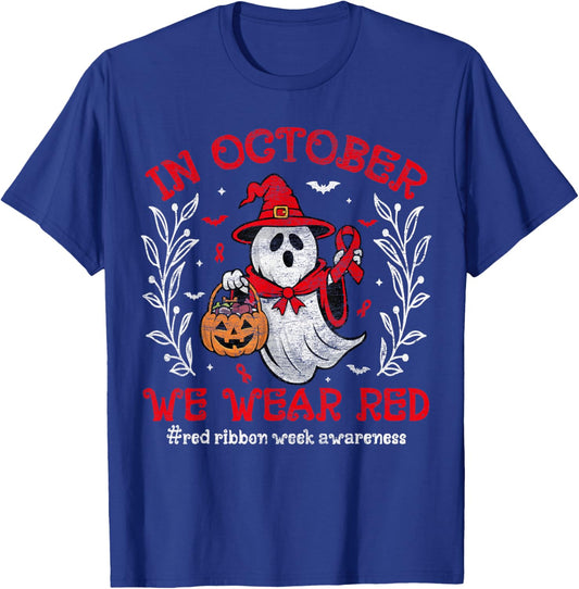 In October We Wear Red For Red Ribbon Week Awareness Ghost T-Shirt - T-Shirt | Royal