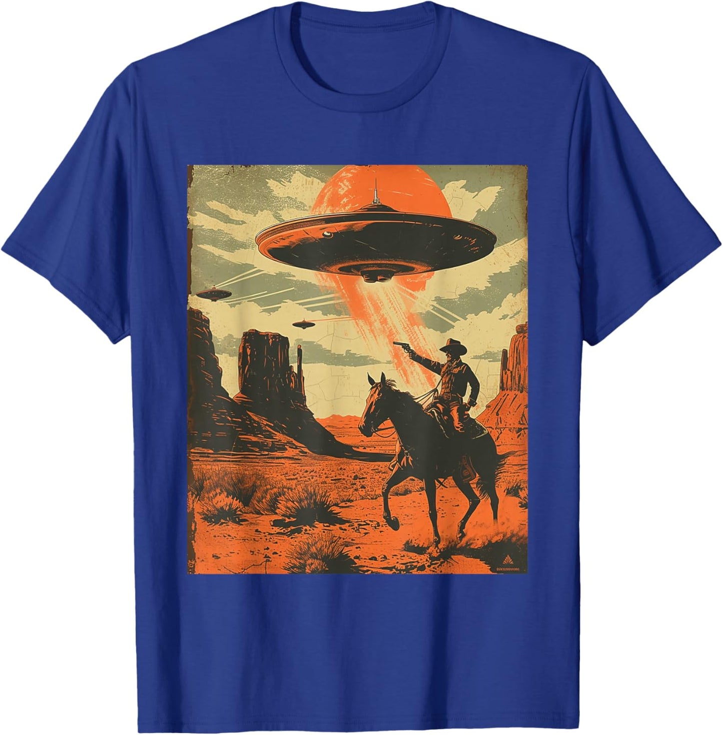 Retro Desert Cowboy Riding Horse Shooting At Space UFO Art T-Shirt - T-Shirt | Royal