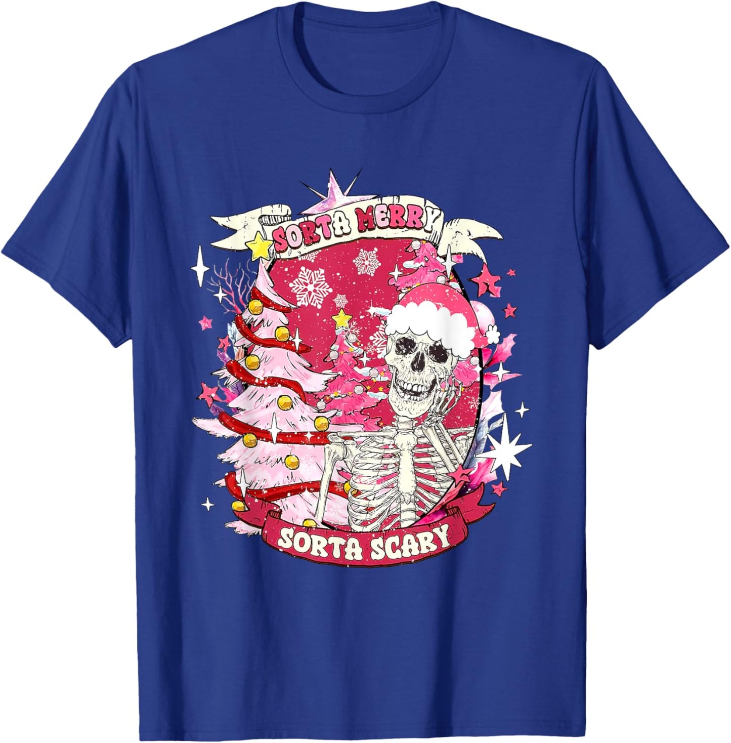 Christmas Sorta Merry Sorta Scary Skeleton Pink Xmas Tree T-Shirt - T-Shirt | Royal