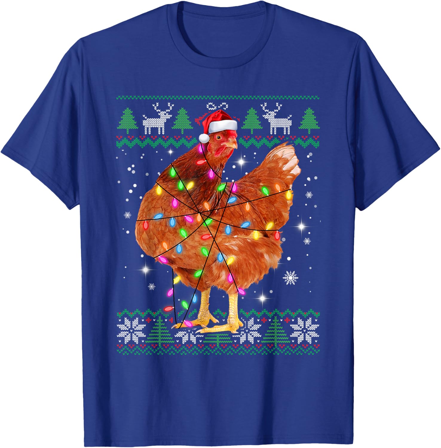 Ugly Christmas Chicken Santa Hat Lights Sweater Xmas T-Shirt - T-Shirt | Royal