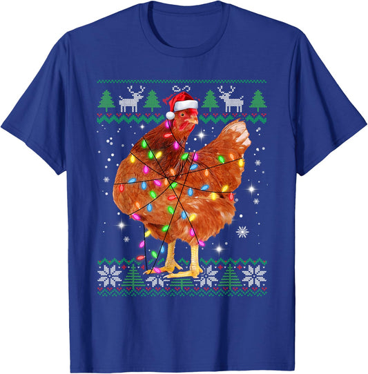 Ugly Christmas Chicken Santa Hat Lights Sweater Xmas T-Shirt - T-Shirt | Royal