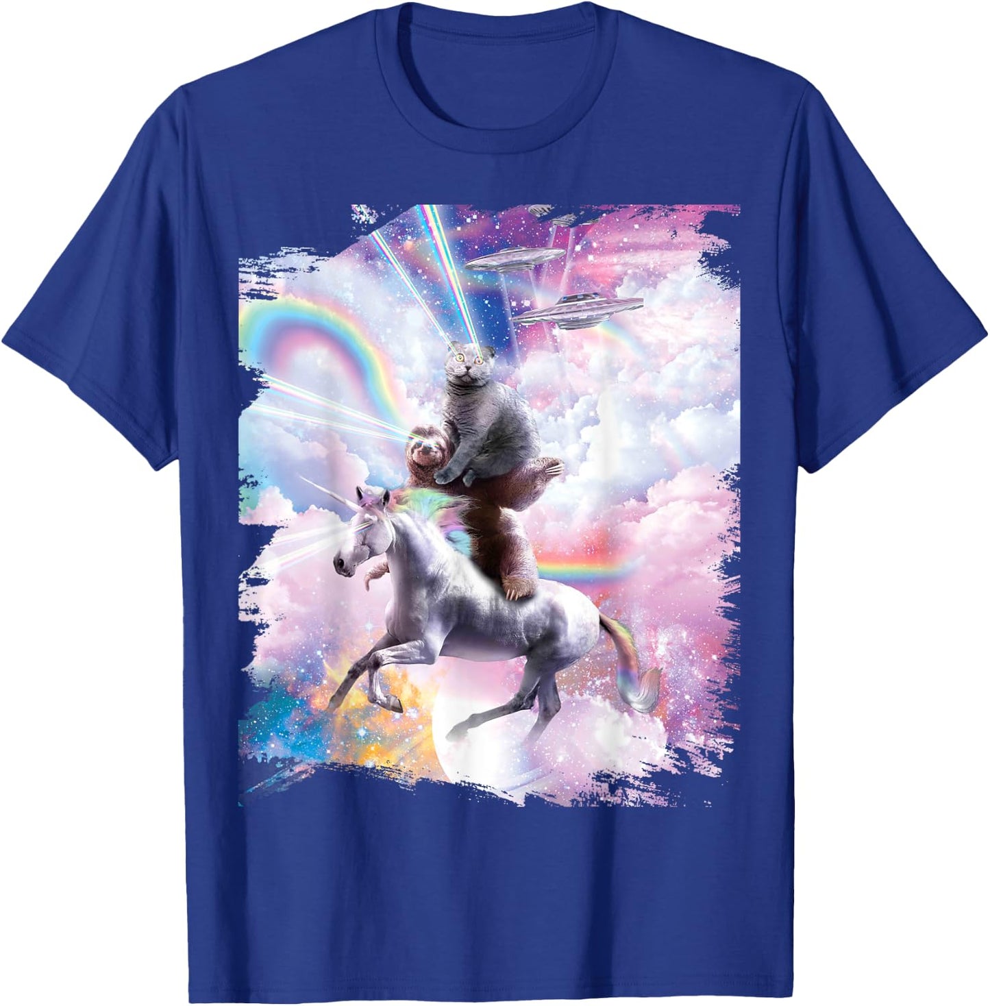 Laser Eyes Space Cat on Sloth Unicorn - Rainbow T-Shirt - T-Shirt | Royal