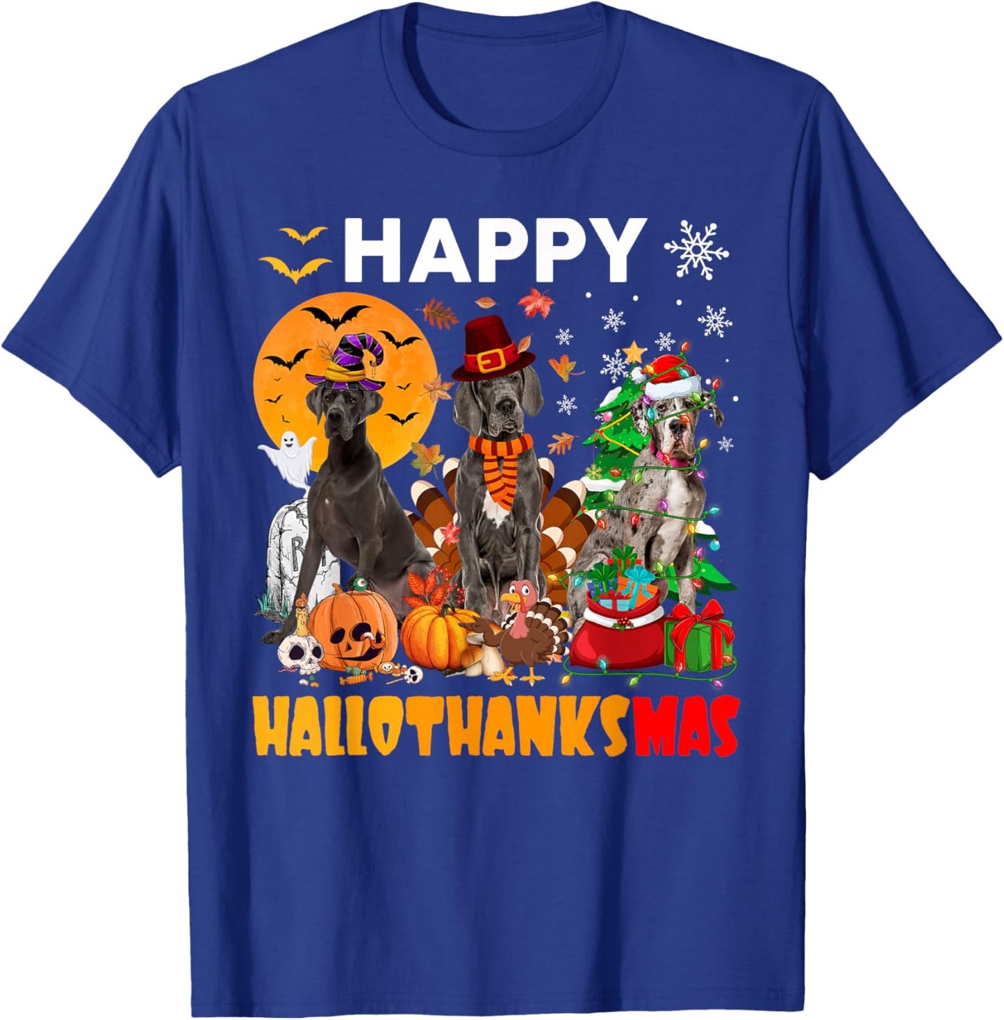 Funny Witch Turkey Santa Great Dane Dog Happy HalloThanksMas T-Shirt - T-Shirt | Royal