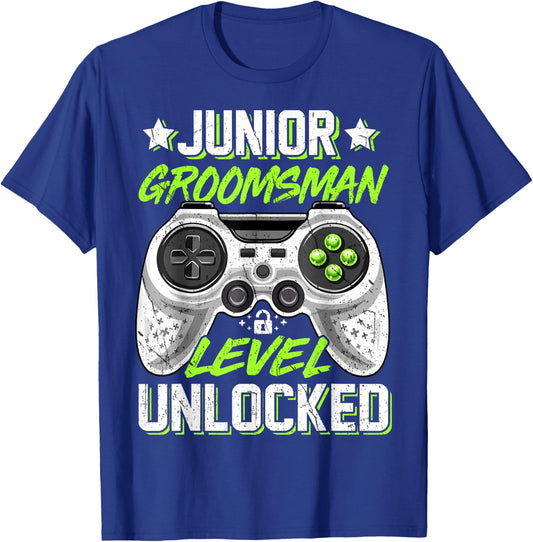 Gamer Junior Groomsman Level Unlocked Video Gaming Wedding T-Shirt - T-Shirt | Royal