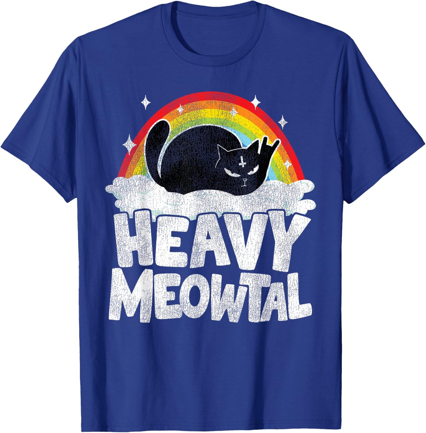 Heavy Meowtal Cat Retro Rainbow Satanic Funny Heavy Metal T-Shirt - T-Shirt | Royal