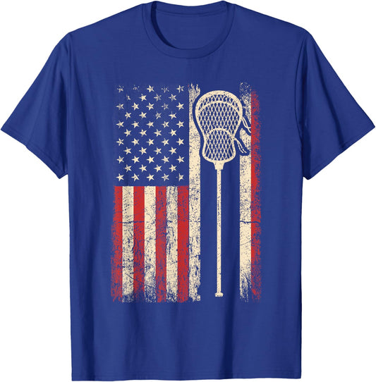 Lacrosse American US Flag Sport Team Sticks Men 4th of July T-Shirt - T-Shirt | Royal