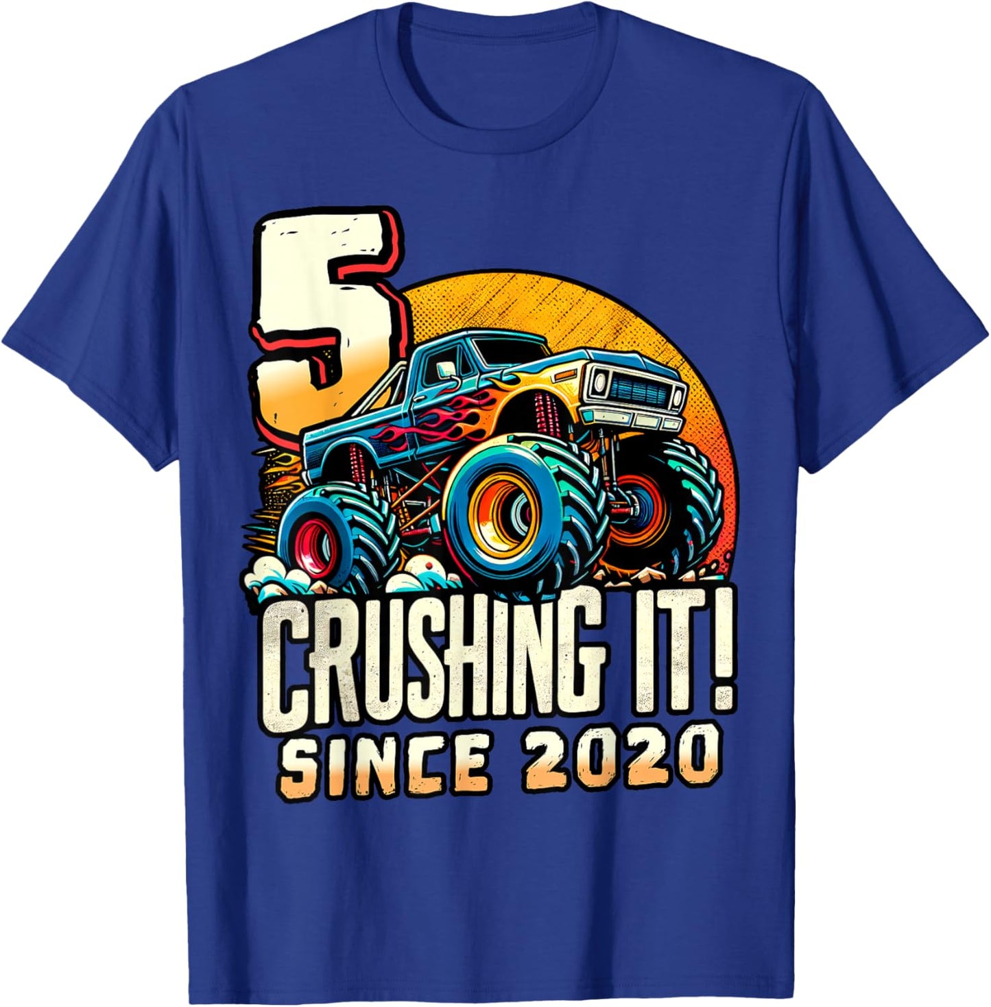 Birthday Monster Truck 5 year Old Boys 5th Party Born 2020 T-Shirt - T-Shirt | Royal