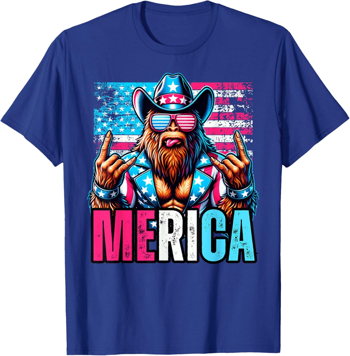 Sasquatch Merica 4th Of July American Flag Cowboy Rocker T-Shirt - T-Shirt | Royal