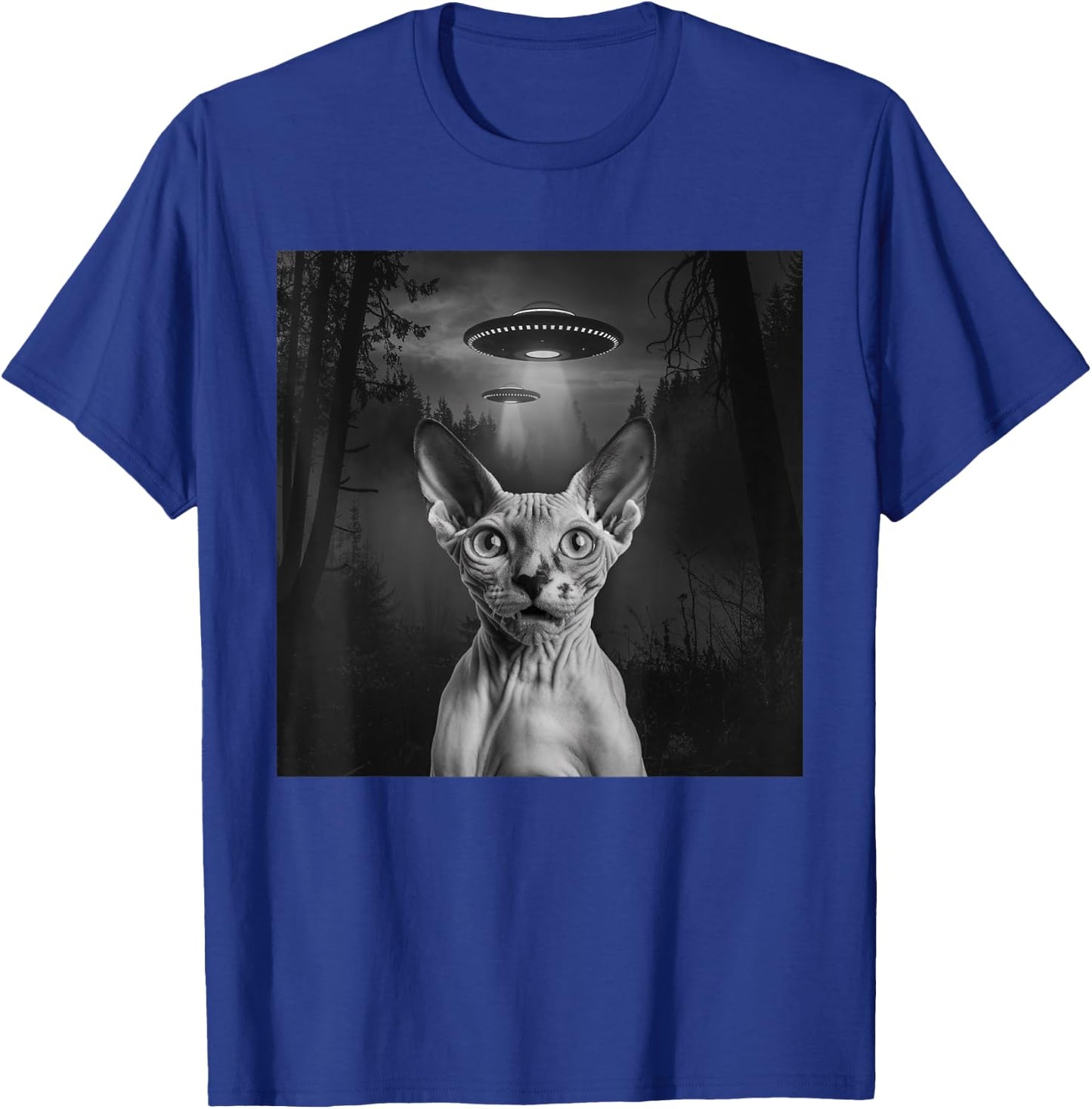 Sphynx Cat Selfie With Alien UFO Funny Cat Outfit T-Shirt - T-Shirt | Royal
