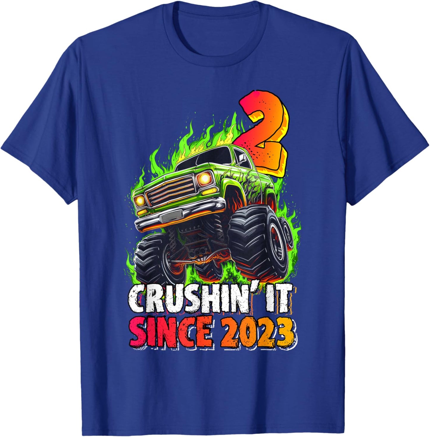 Birthday Monster Truck 2 Year Old Boys 2nd Party Born 2023 T-Shirt - T-Shirt | Royal