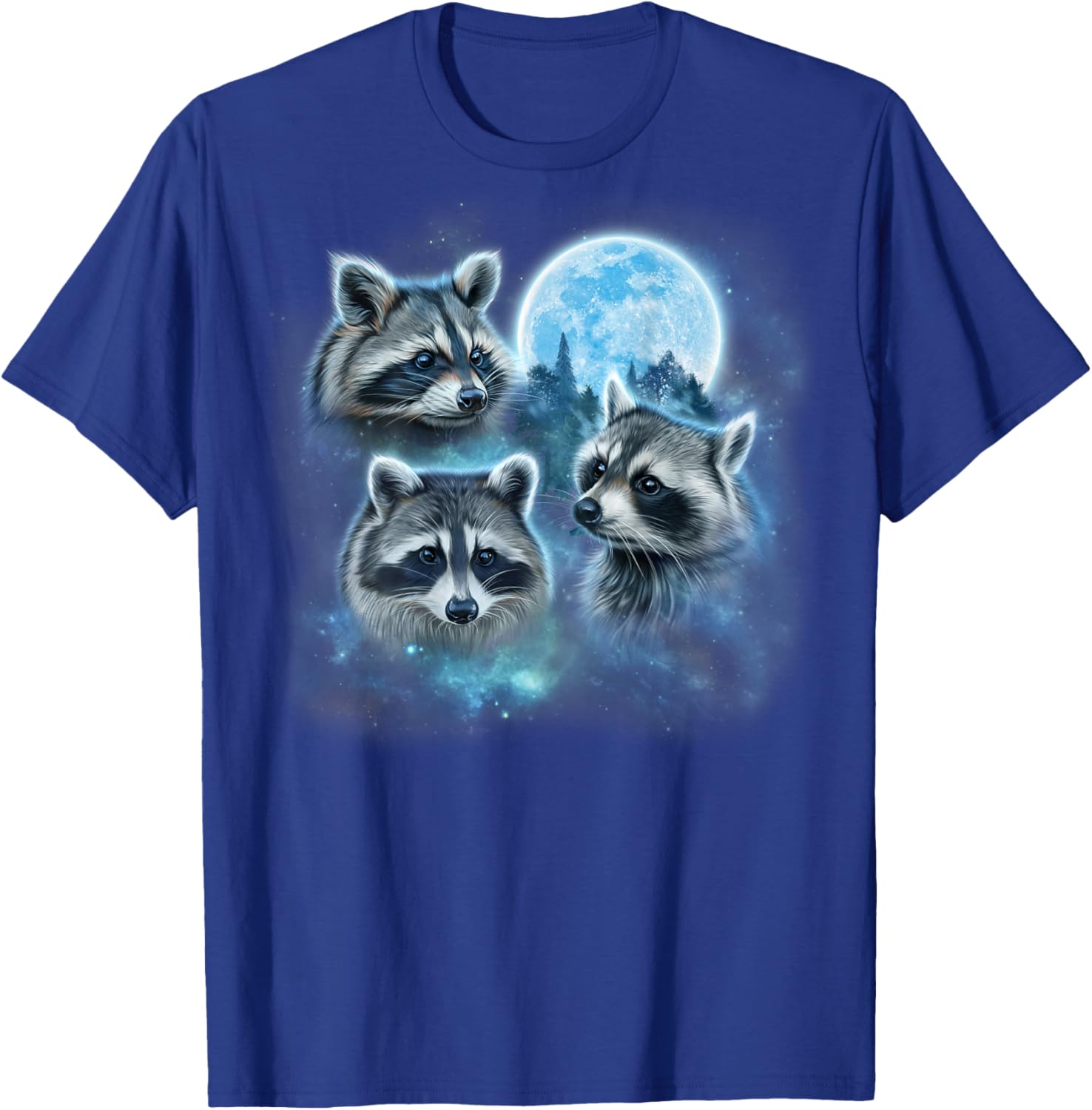 Three Raccoons Engulfed in Galaxy Clouds Under Icy Moon T-Shirt - T-Shirt | Royal
