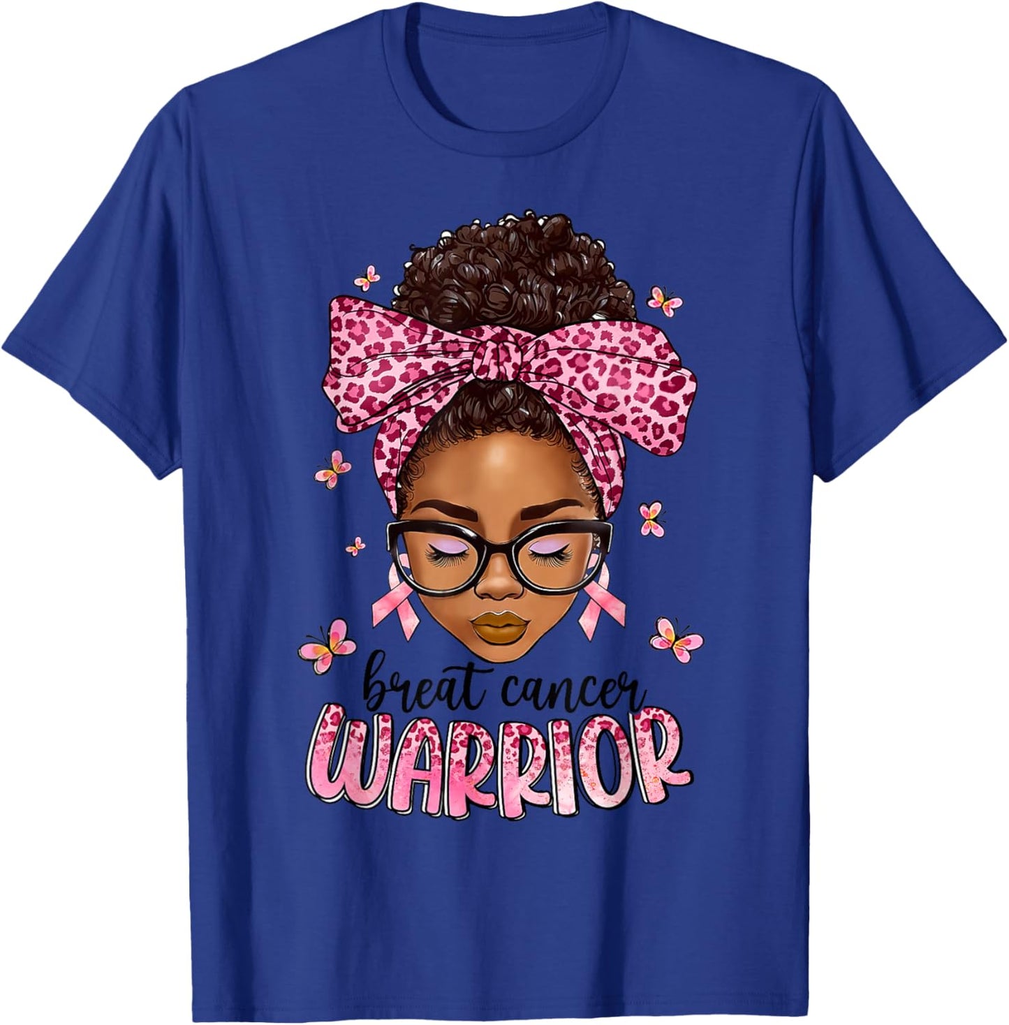 Breast Cancer Awareness Warrior Messy Bun Hair Black Woman T-Shirt - T-Shirt | Royal
