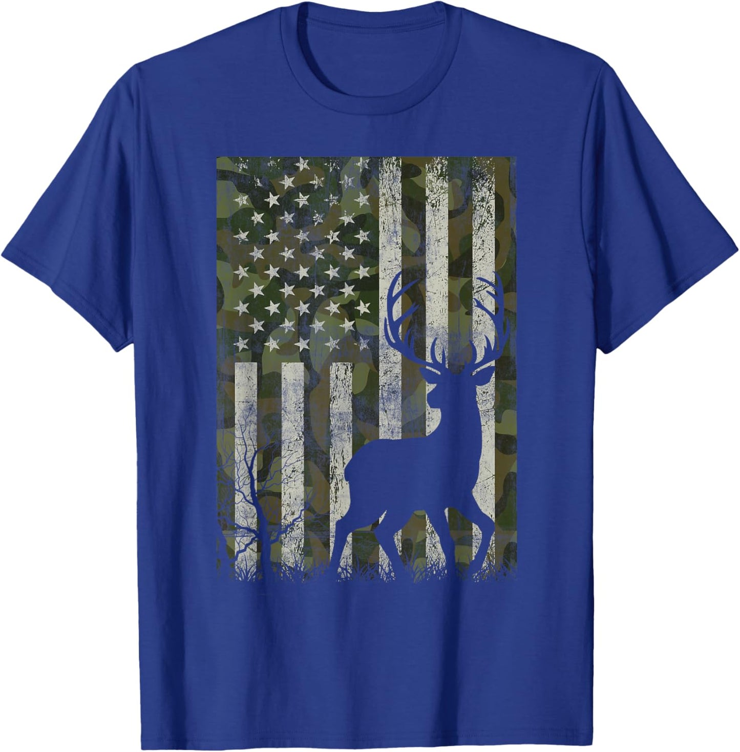 US Flag Deer Elk Buck Camoflage Hunting Hunter Dad Grandpa T-Shirt - T-Shirt | Royal