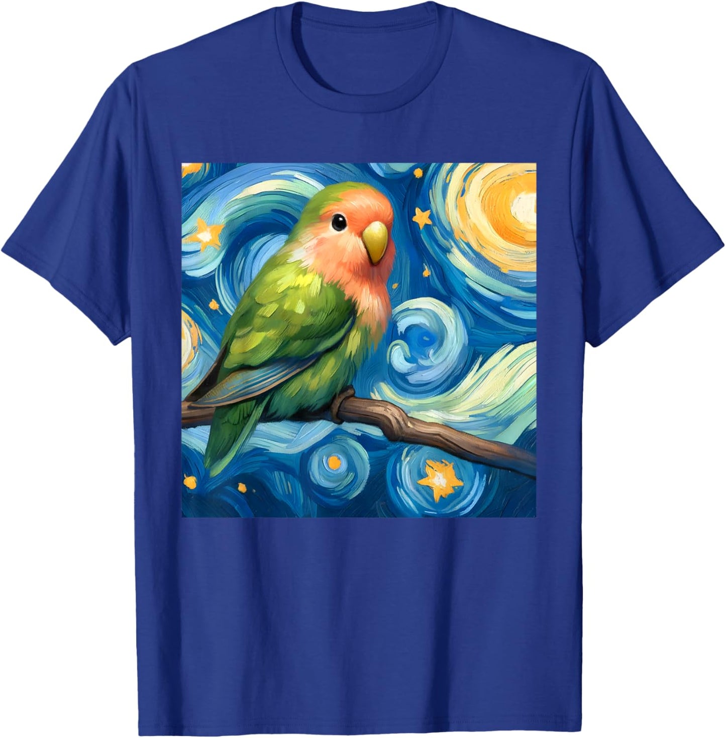 Rosy-faced Green Lovebird Parrot Starry Night Sky Van Gogh T-Shirt - T-Shirt | Royal
