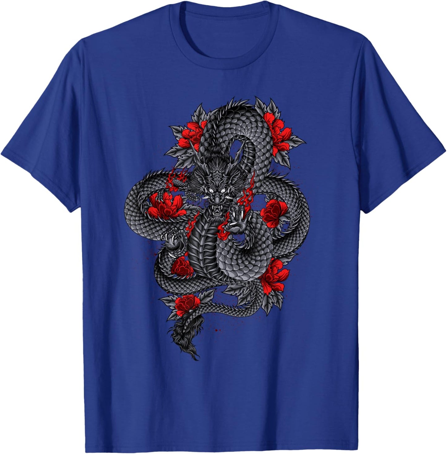Black Dragon With Red Flowers T-Shirt - T-Shirt | Royal