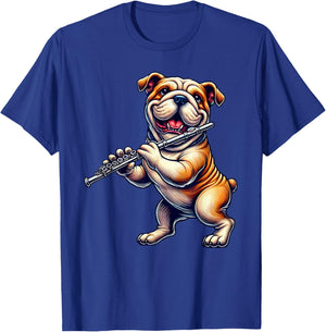 Cute English Bulldog Dog Playing Flute Musician Music T-Shirt - T-Shirt | Royal