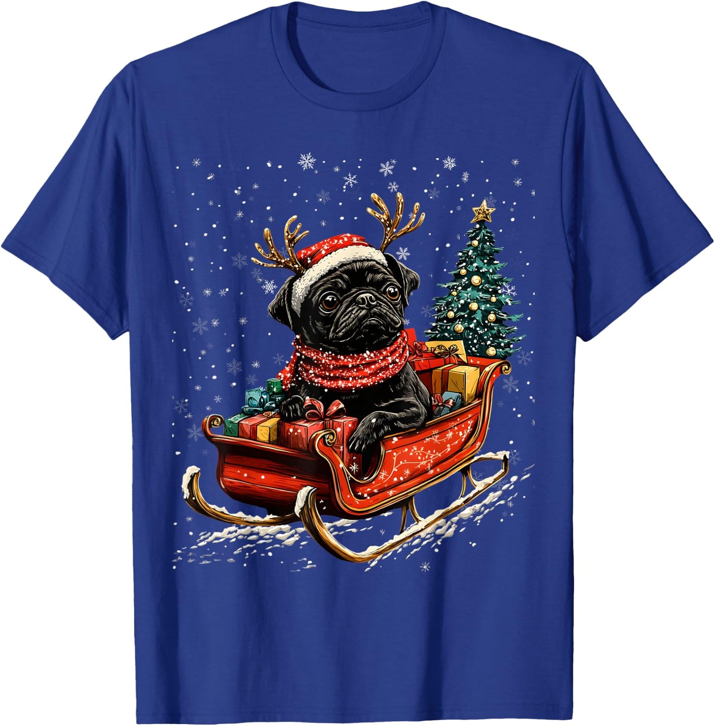 Santa Black Pug reindeer Light Christmas T-Shirt - T-Shirt | Royal