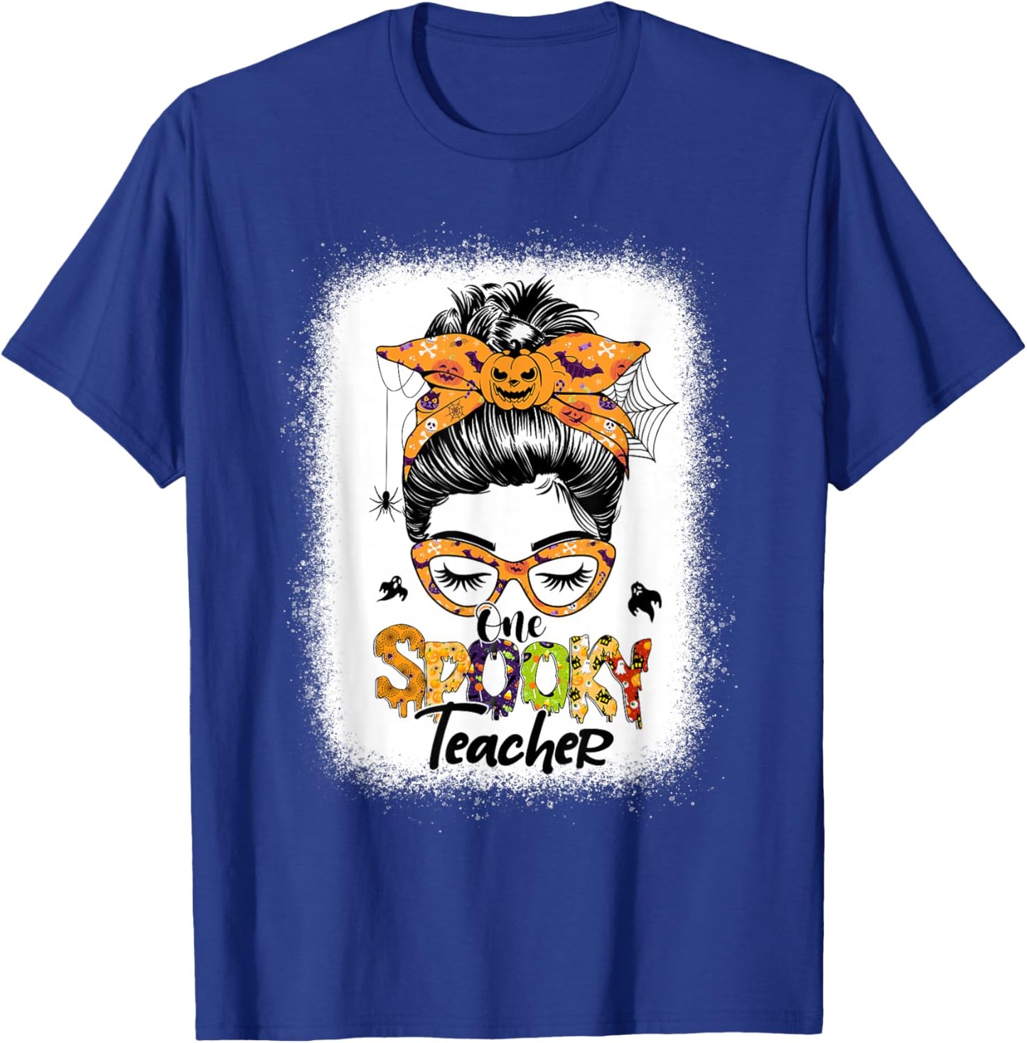 One Spooky Teacher For Halloween Messy Bun Mom Bleached T-Shirt - T-Shirt | Royal