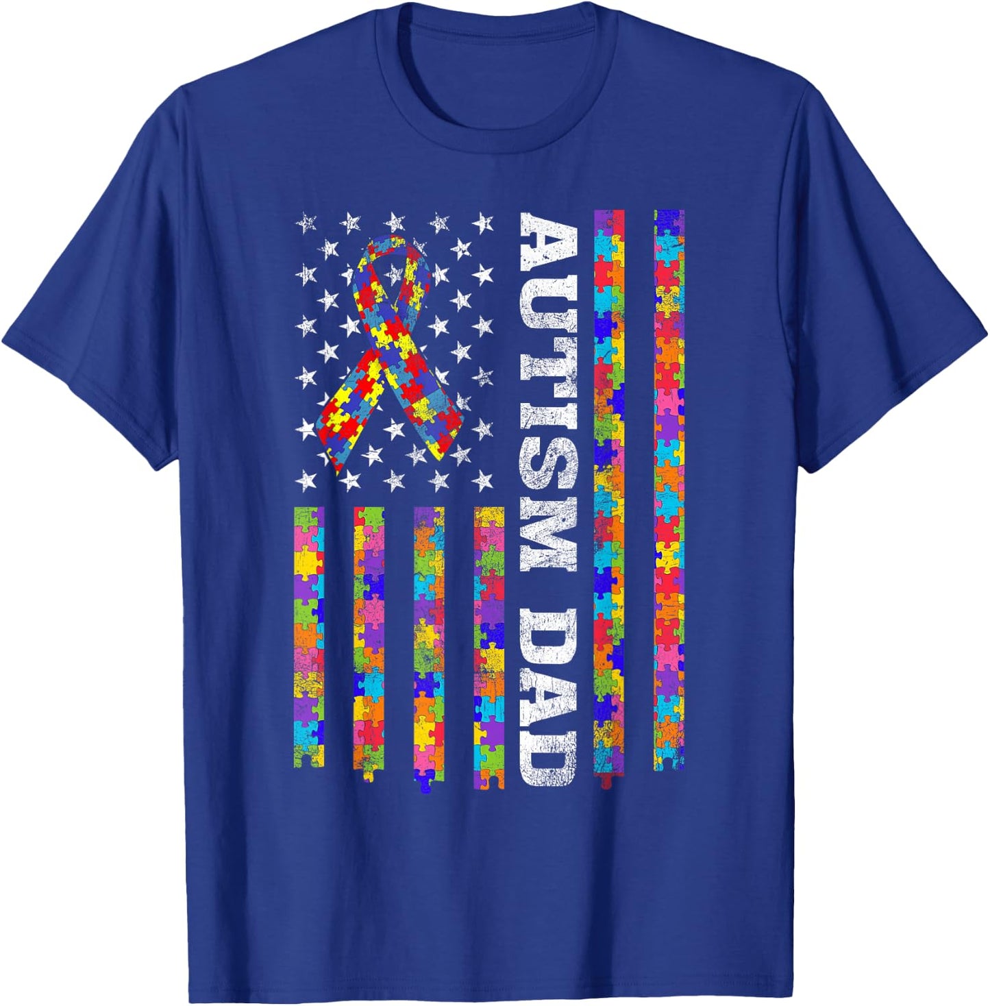 Proud Autism Dad Puzzle Piece Ribbon US American Flag Women Kids Men T-Shirt - T-Shirt | Royal
