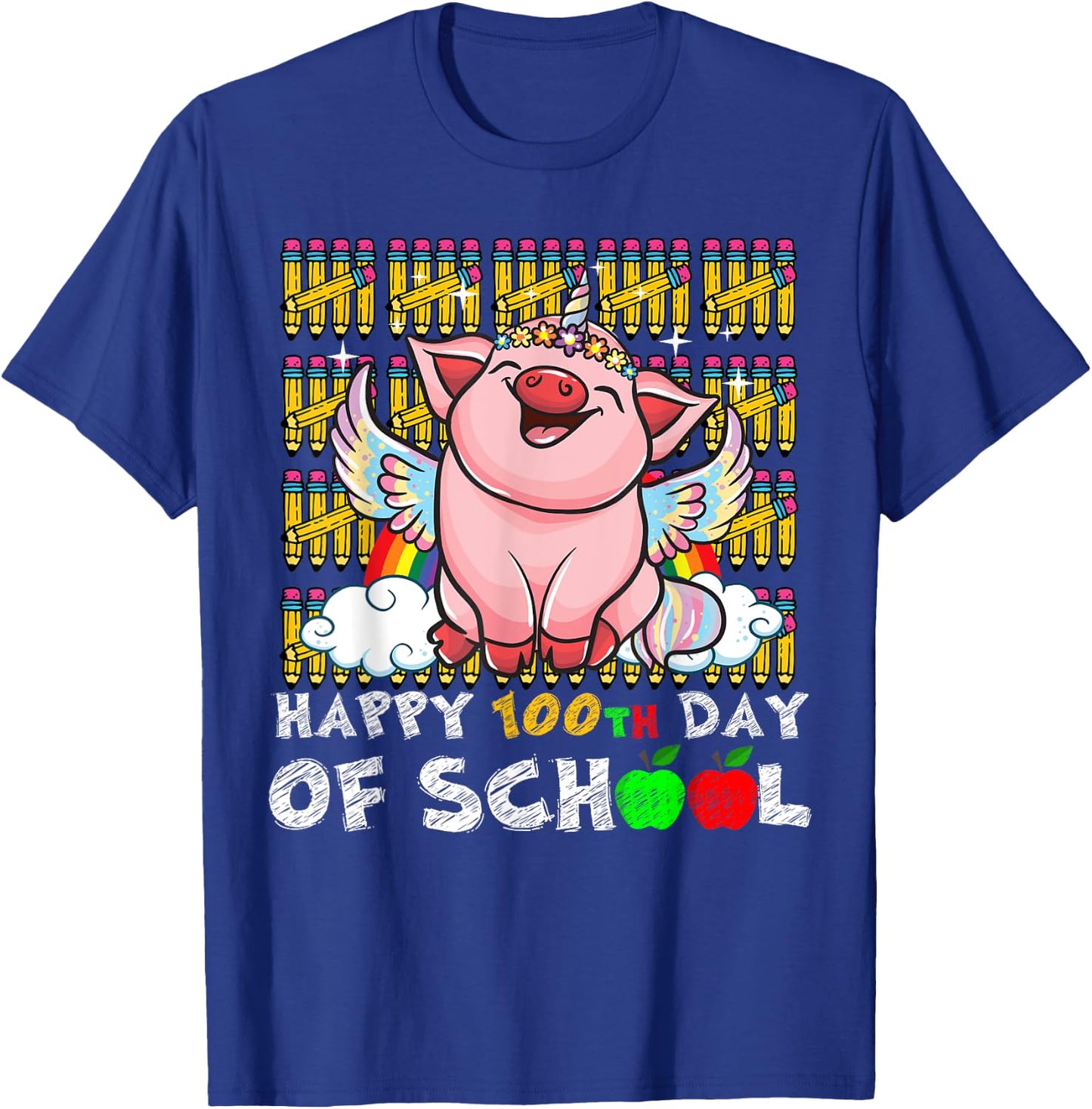 Happy 100th Day Of School Pig Funny Teacher Student Kids T-Shirt - T-Shirt | Royal