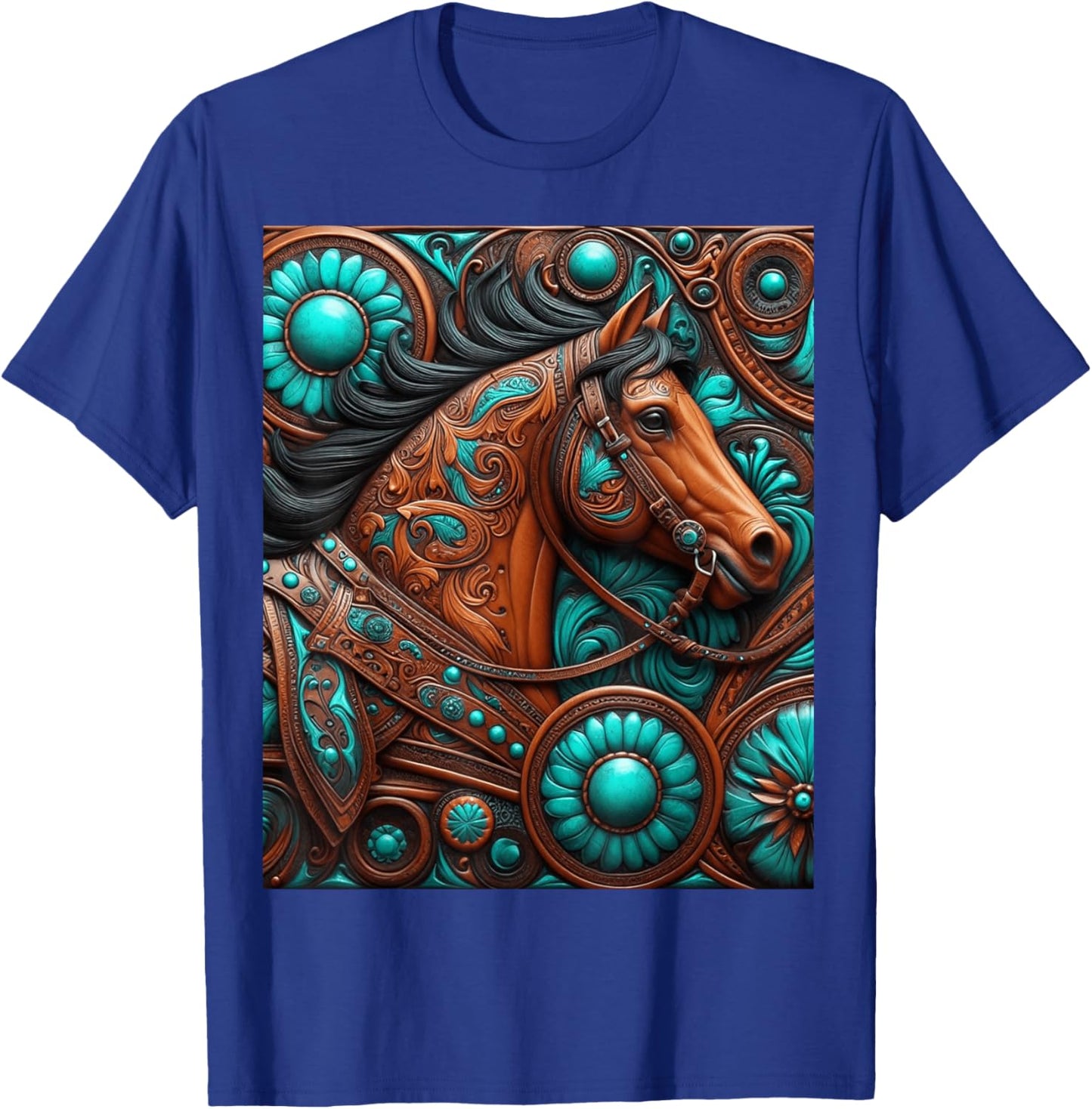 Turquoise and Chocolate Tooled Horse T-Shirt - T-Shirt | Royal