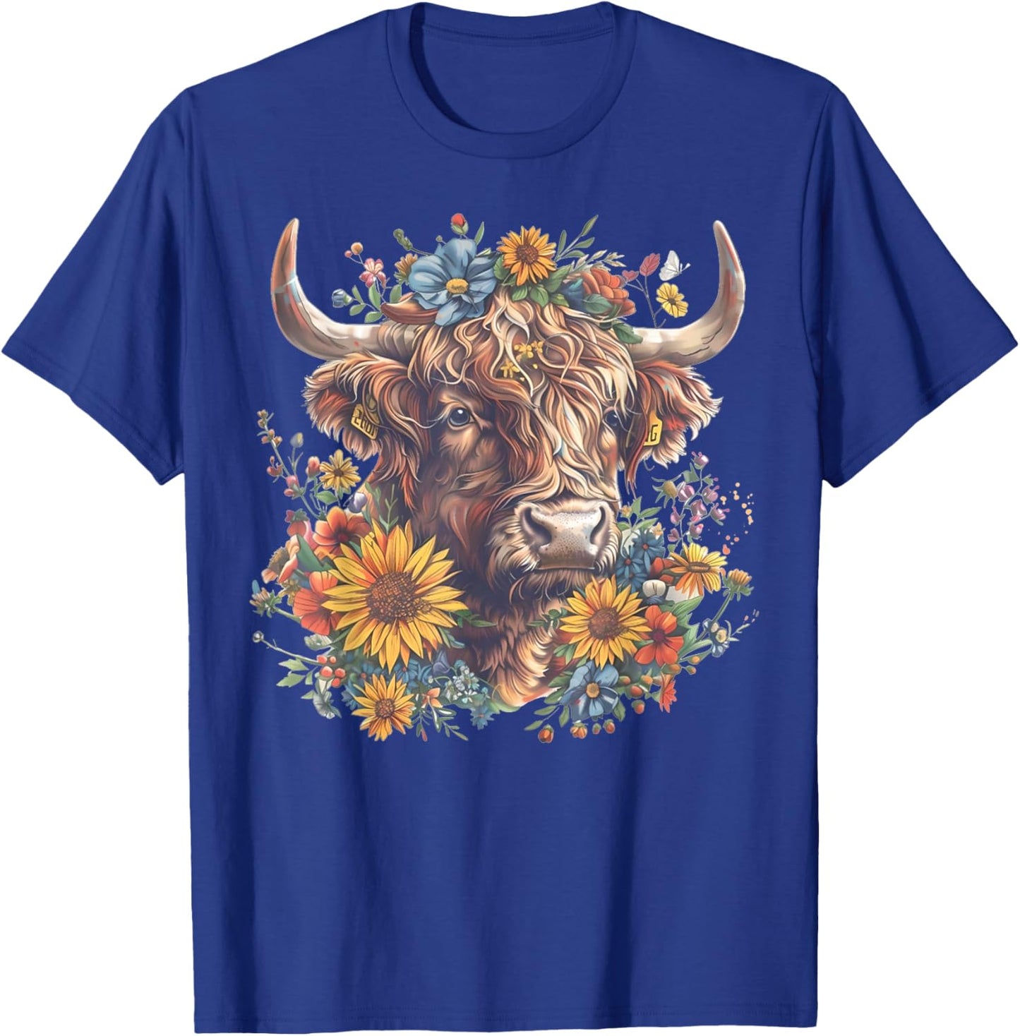 Cute Highland Cow With Sunflowers Funny Calf Animal Farm T-Shirt - T-Shirt | Royal