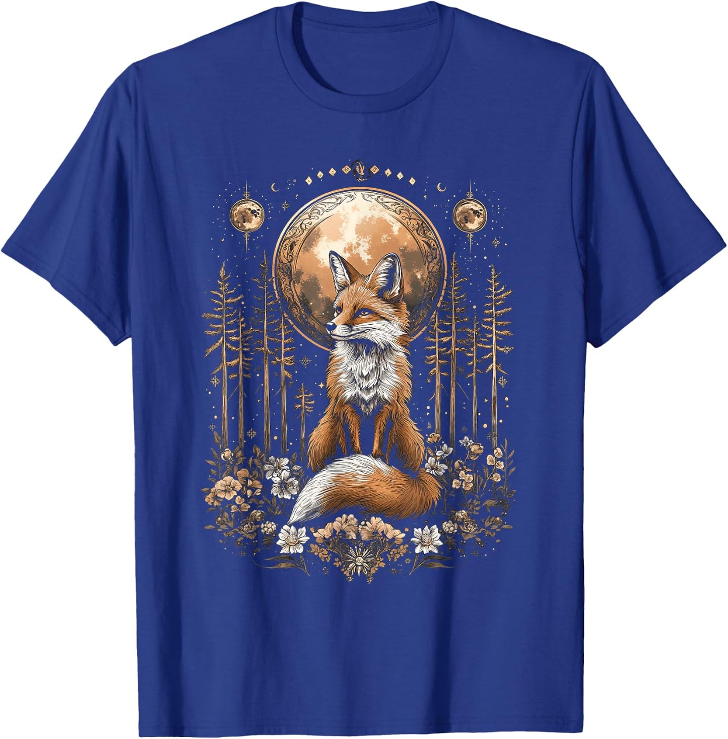 Mystic Moon and Moonphase Fox Mystical Flowers Aesthetic T-Shirt - T-Shirt | Royal