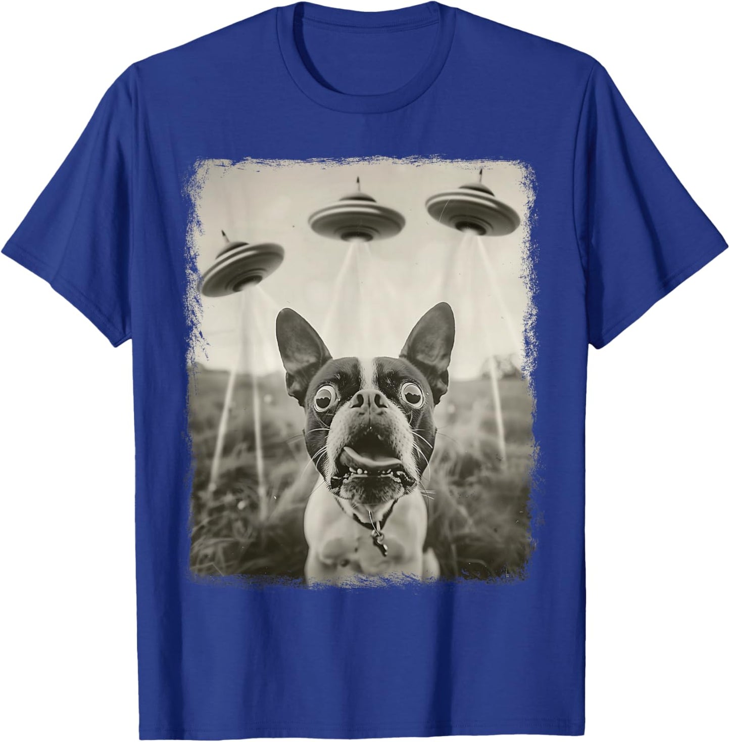 Boston Terrier Dog UFO Alien Extraterrestrial Selfie T-Shirt - T-Shirt | Royal