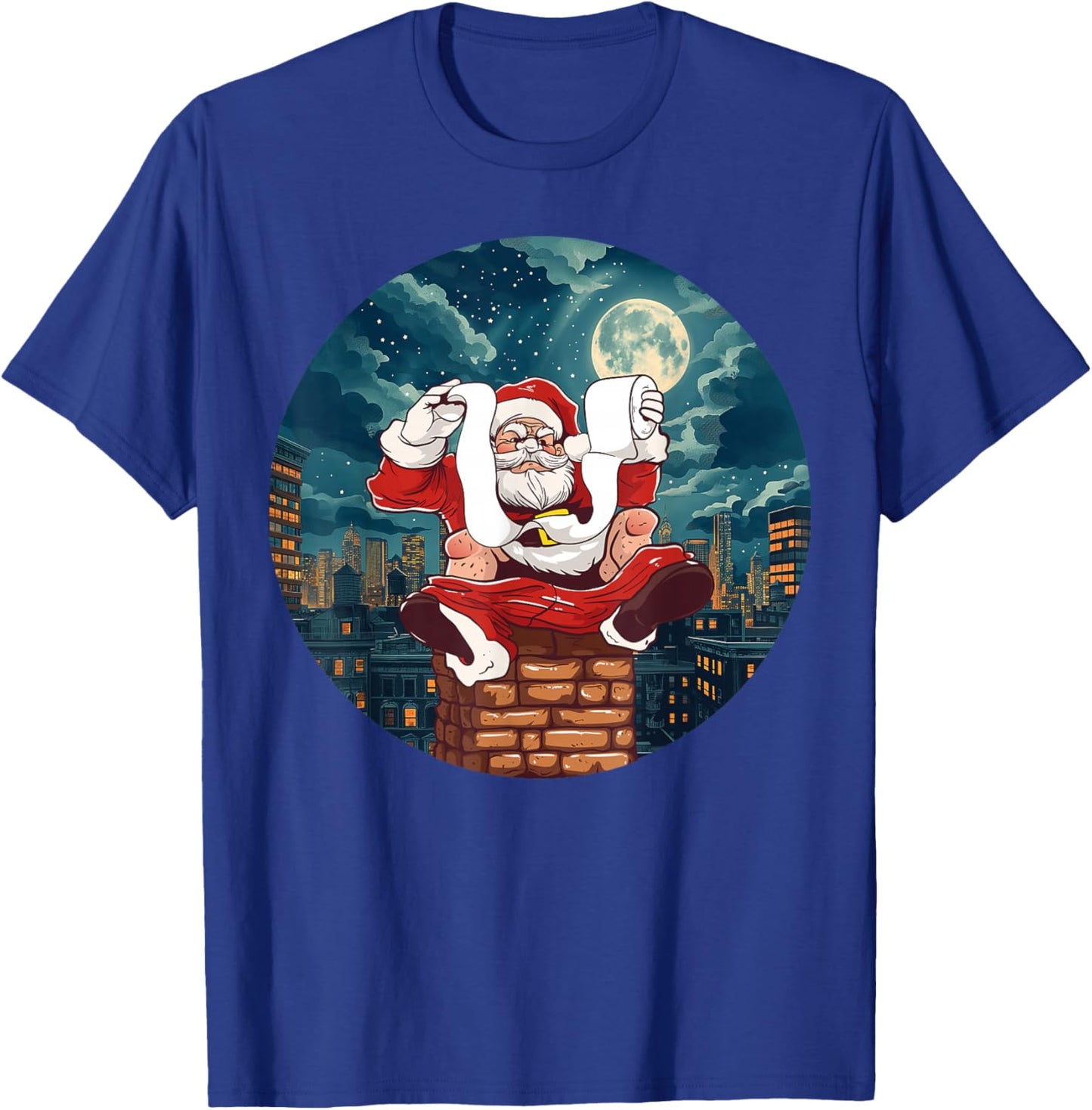 Funny Santa Claus sitting on Chimney with toilet Paper T-Shirt - T-Shirt | Royal