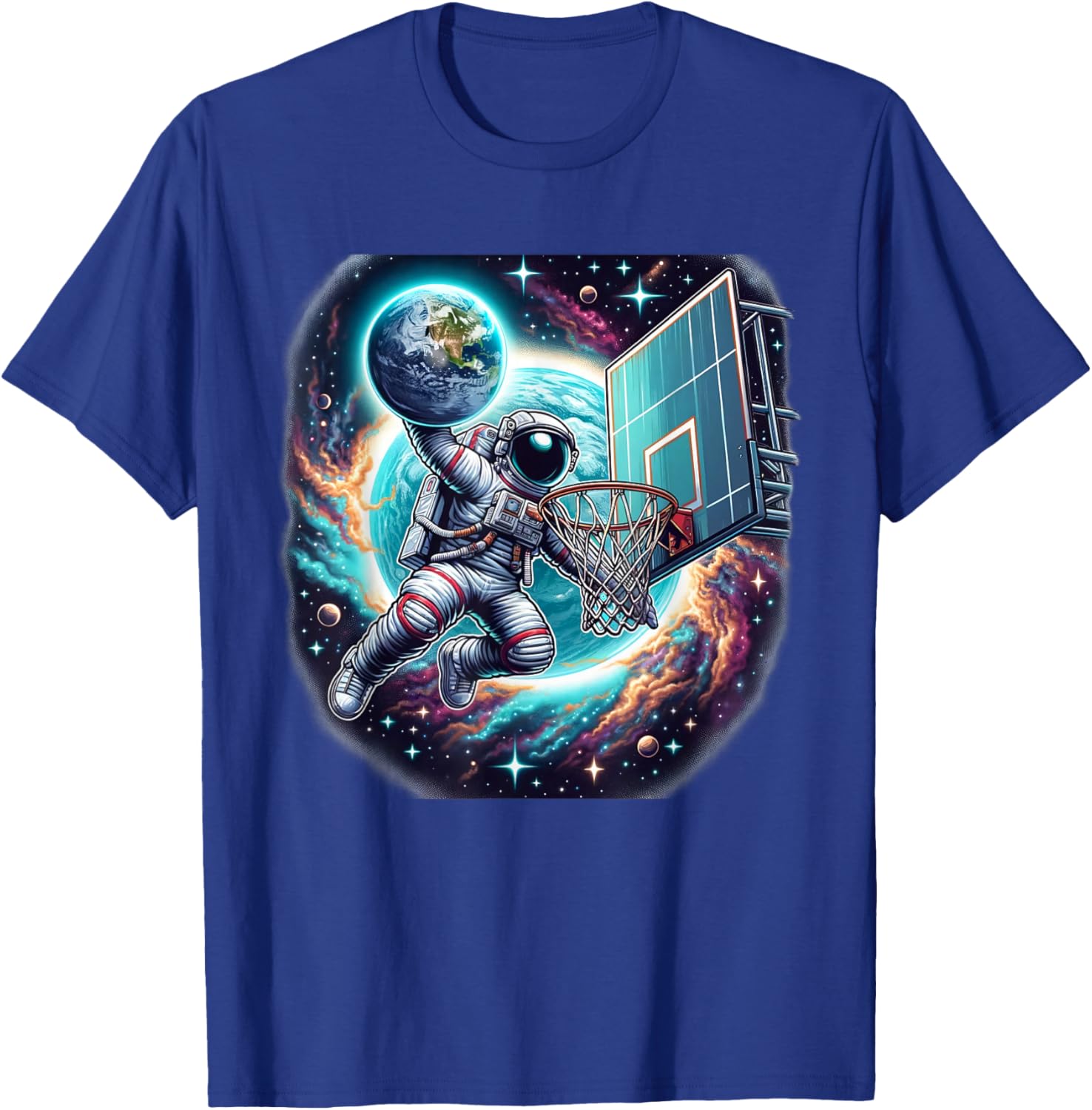 Astronaut Slam Dunking Planet Earth Basketball Lover T-Shirt - T-Shirt | Royal
