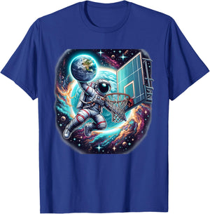 Astronaut Slam Dunking Planet Earth Basketball Lover T-Shirt - T-Shirt | Royal