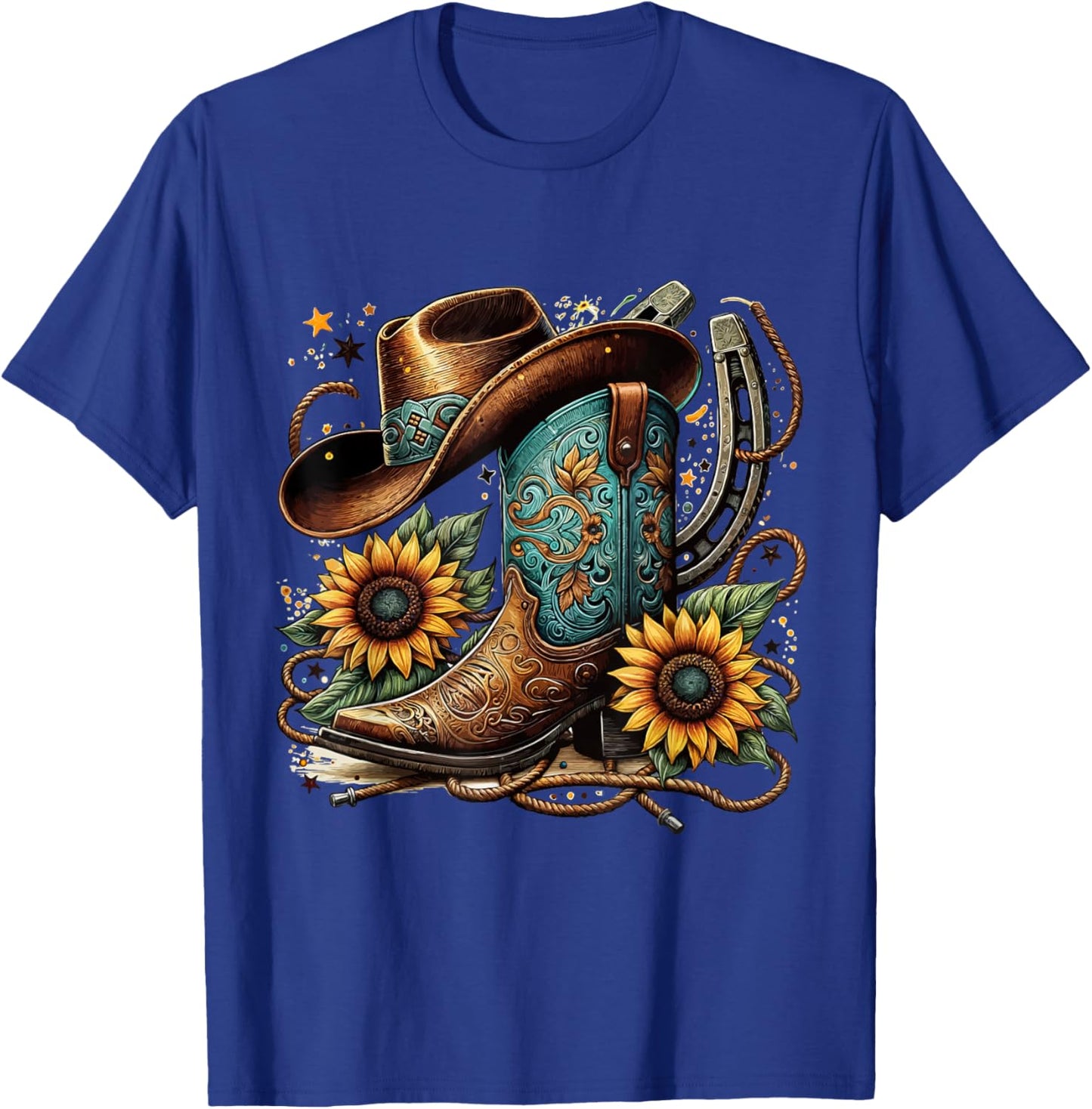 Western Cowboy Boot Horseshoe Sunflower Rope Cowgirl Boot , Small, Black T-Shirt - T-Shirt | Royal