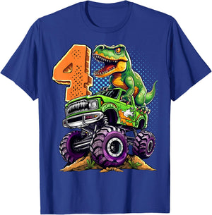 Monster Truck Dinosaur T-Rex 4th Birthday Boy 4 Year Old T-Shirt - T-Shirt | Royal
