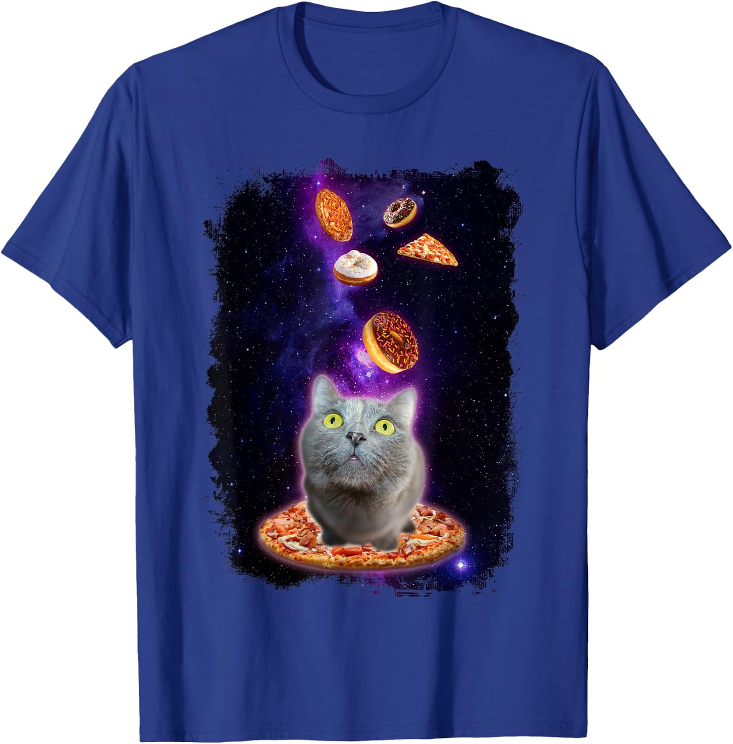 Cat in Space with Pizza Doughnuts Floating Shirt Gift T-Shirt - T-Shirt | Royal
