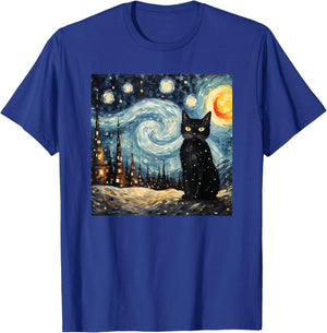 black cat Painting art Starry Night kitty kitten Van Gogh T-Shirt - T-Shirt | Royal