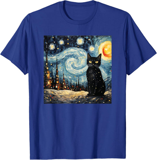 black cat Painting art Starry Night kitty kitten Van Gogh T-Shirt - T-Shirt | Royal