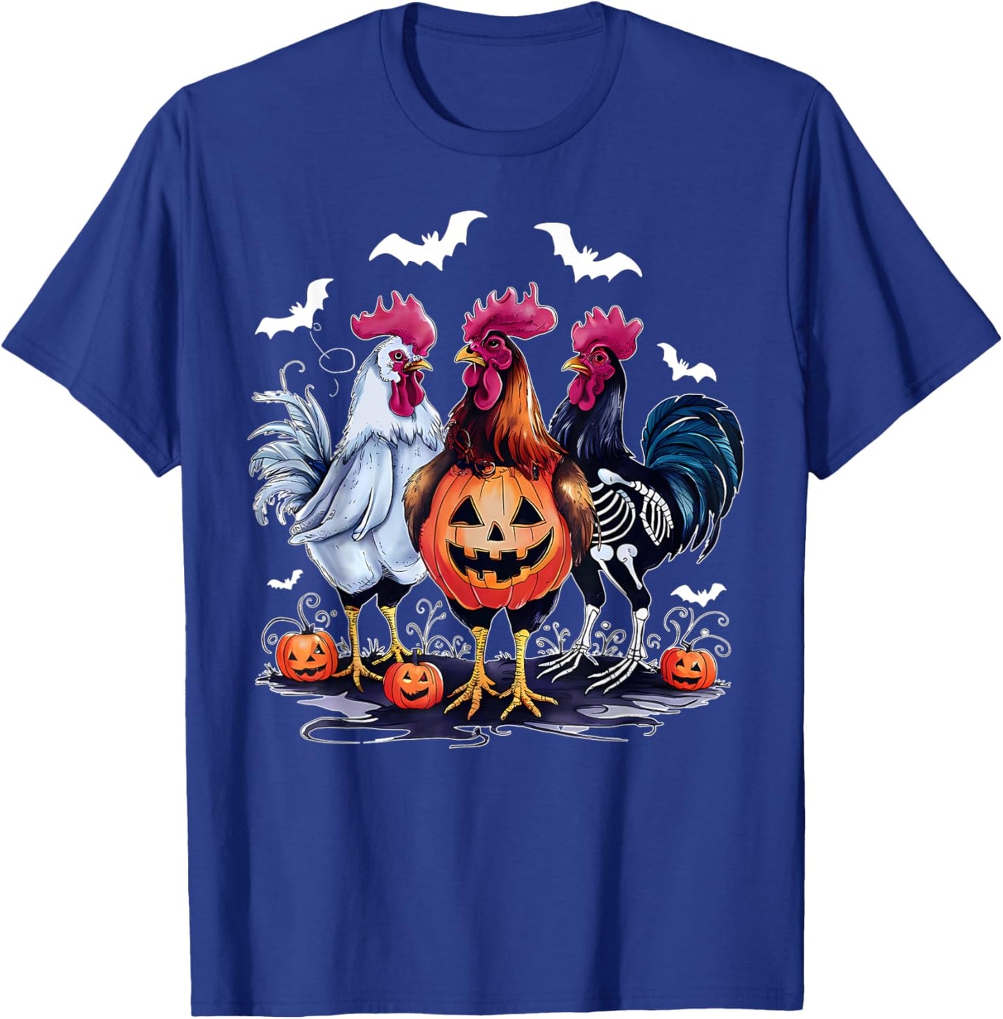 Retro Pumpkin Rooster Bat Chicken Farm Animal Spooky Party T-Shirt - T-Shirt | Royal
