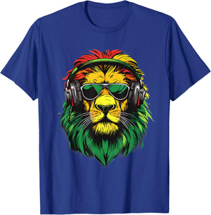 DJ Lion Of Judah Jamaican Rasta Reggae Music Headphones T-Shirt - T-Shirt | Royal