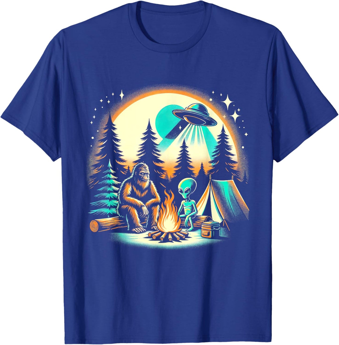 Funny Bigfoot & Alien UFO Camping Outdoor Adventures Hiking T-Shirt - T-Shirt | Royal