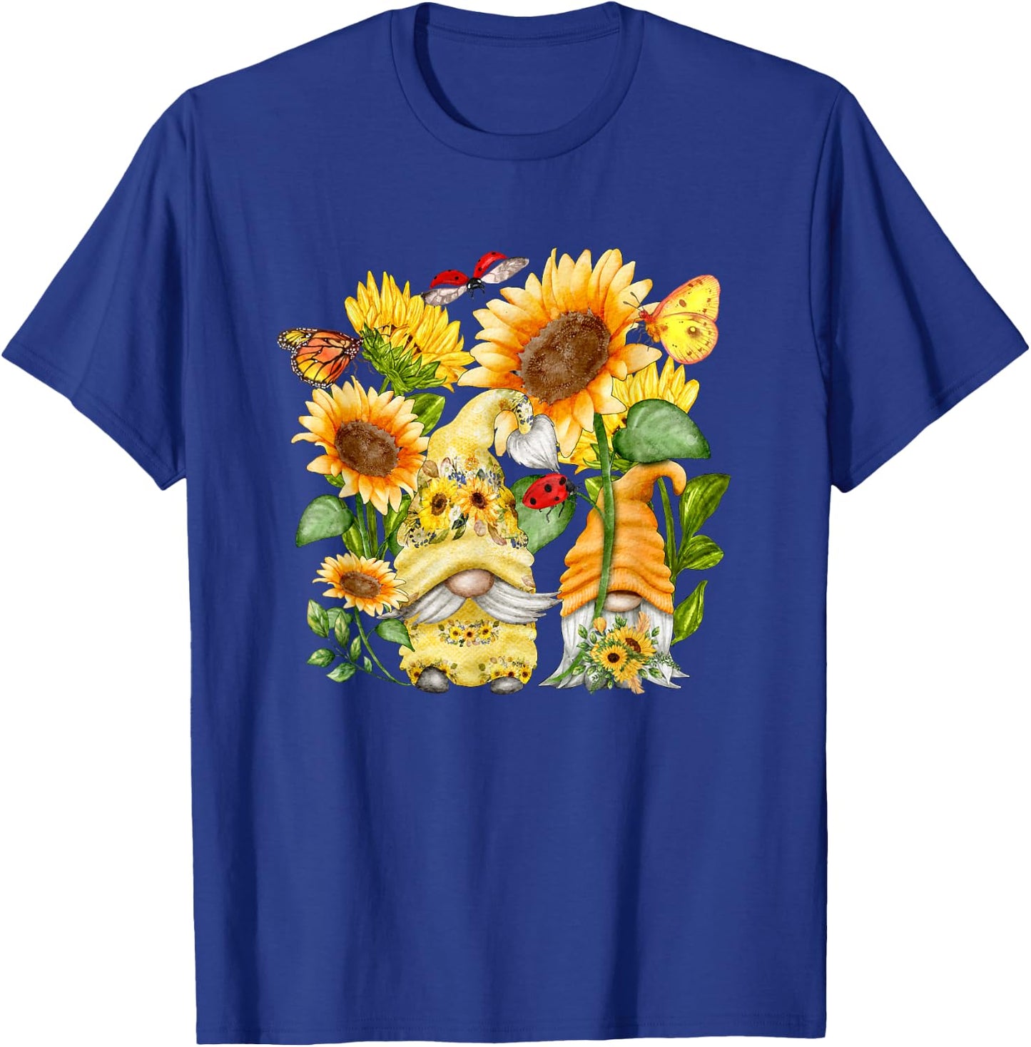 Sunflower Gnome Butterfly & Ladybug Floral Flower T-Shirt - T-Shirt | Royal