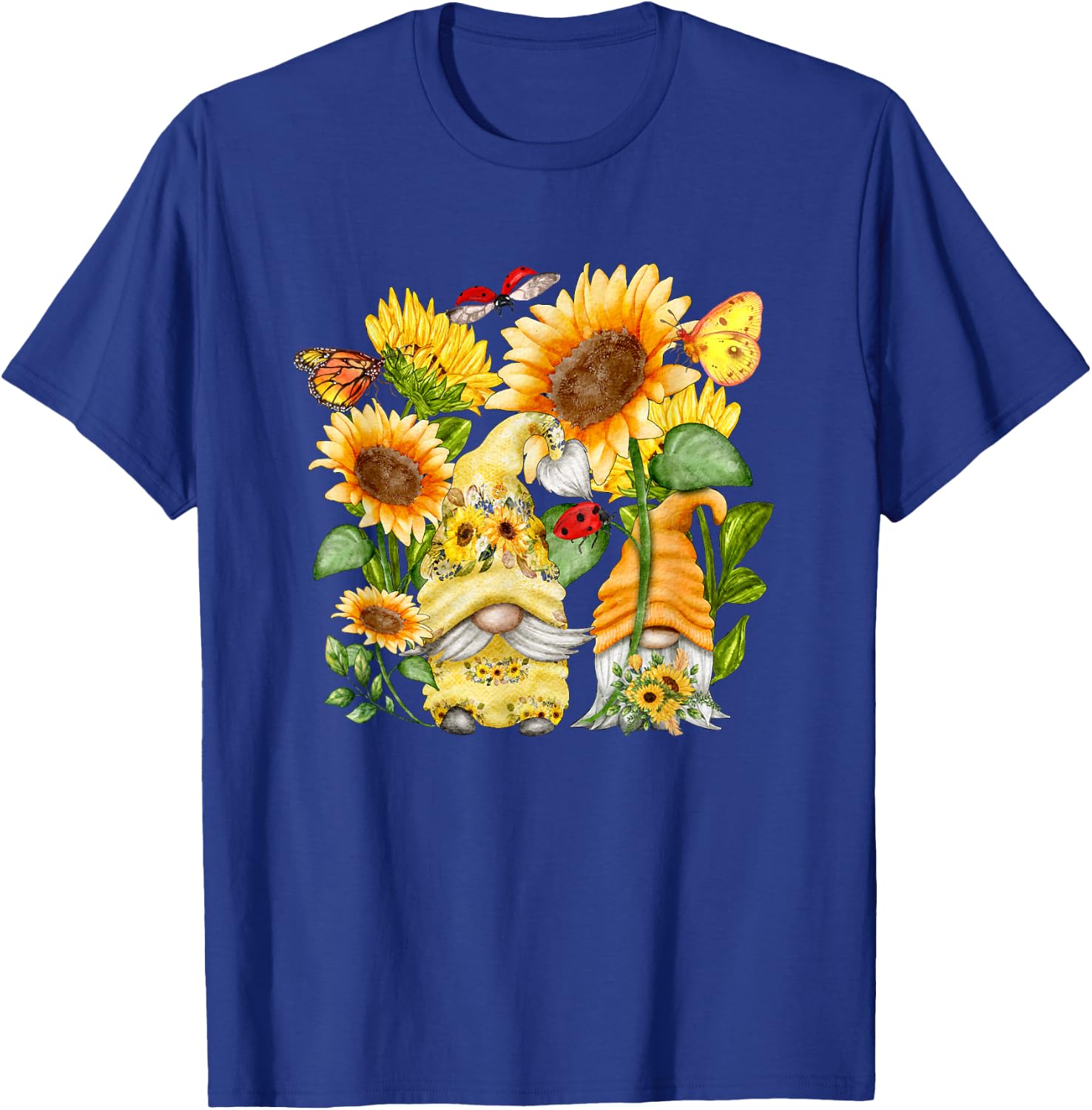 Sunflower Gnome Butterfly & Ladybug Floral Flower T-Shirt - T-Shirt | Royal