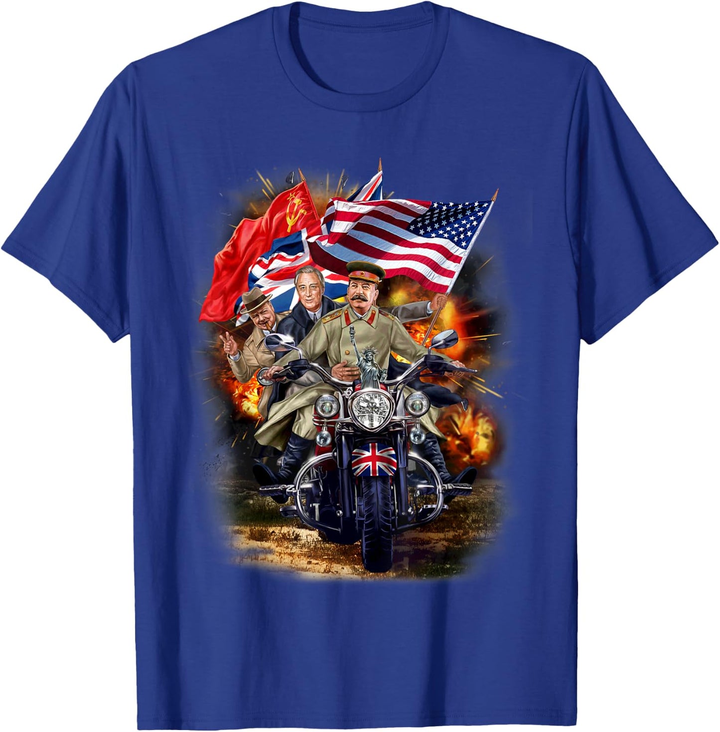 Churchill, Roosevelt and Stalin Riding Motorcycle During WW2 T-Shirt - T-Shirt | Royal