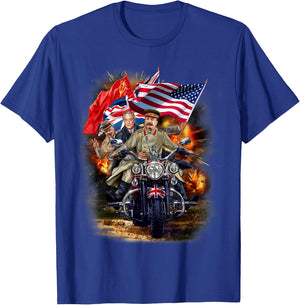 Churchill, Roosevelt and Stalin Riding Motorcycle During WW2 T-Shirt - T-Shirt | Royal