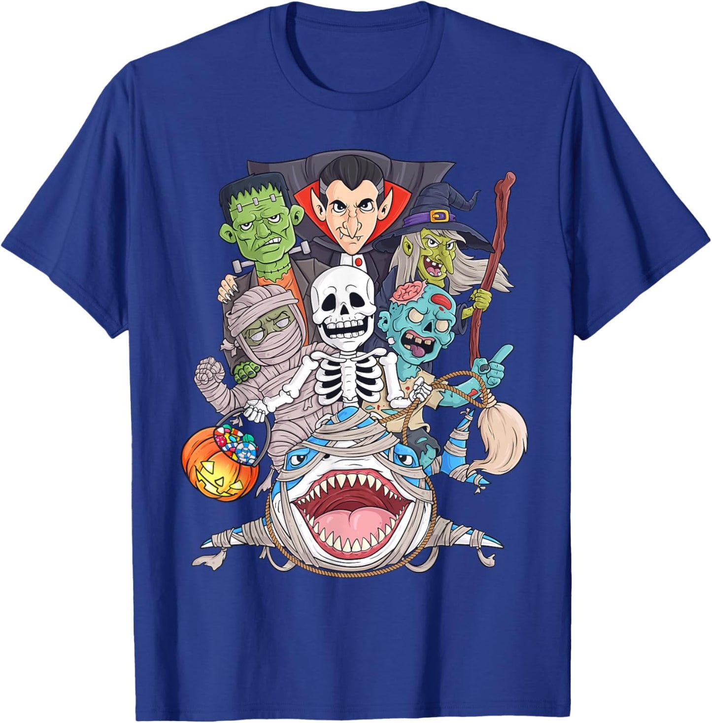 Skeleton Zombie Riding Mummy Shark Funny Halloween Pumpkin T-Shirt - T-Shirt | Royal