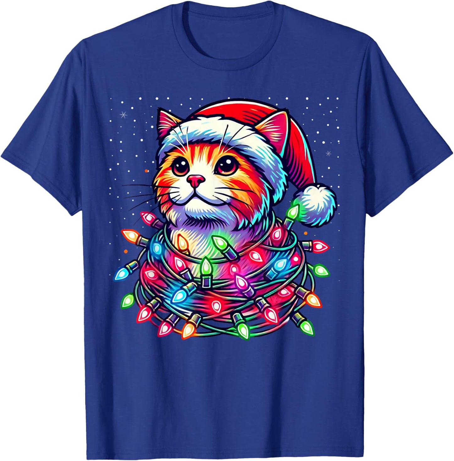 Santa Cat Tangled Up in Christmas Lights Funny Xmas Pajama T-Shirt - T-Shirt | Royal