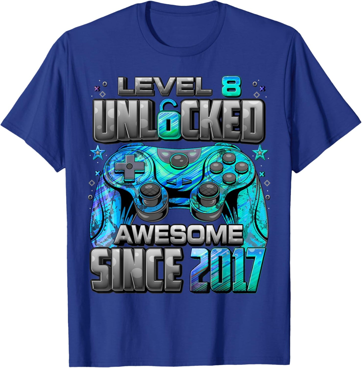 Level 8 Unlocked Awesome Since 2017 8th Birthday Gaming T-Shirt - T-Shirt | Royal