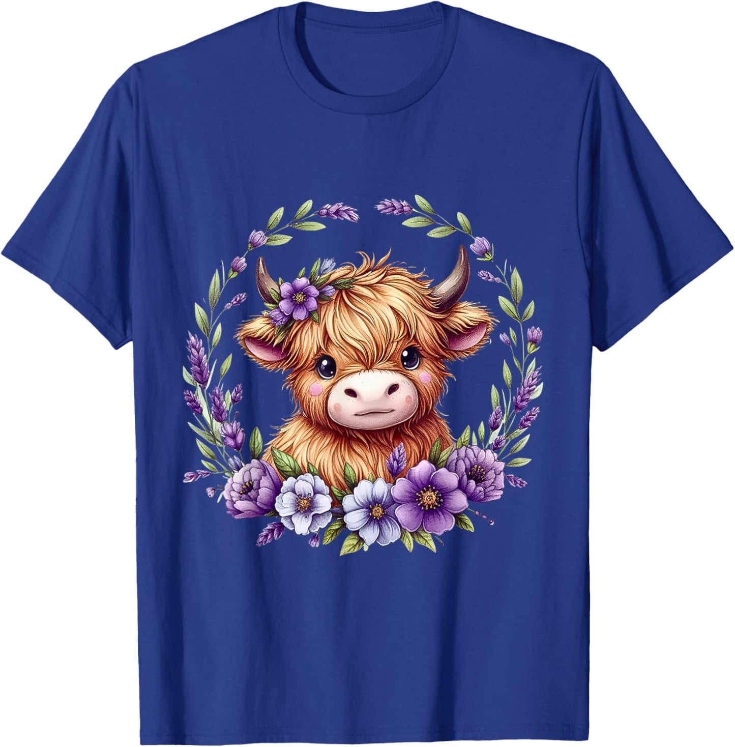 Baby Highland Cow with Purple Flowers Scottish Farm T-Shirt - T-Shirt | Royal