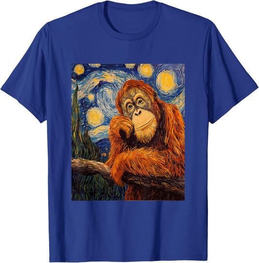 Funny Orangutan Monkey - Van Gogh Style - Starry Night T-Shirt - T-Shirt | Royal